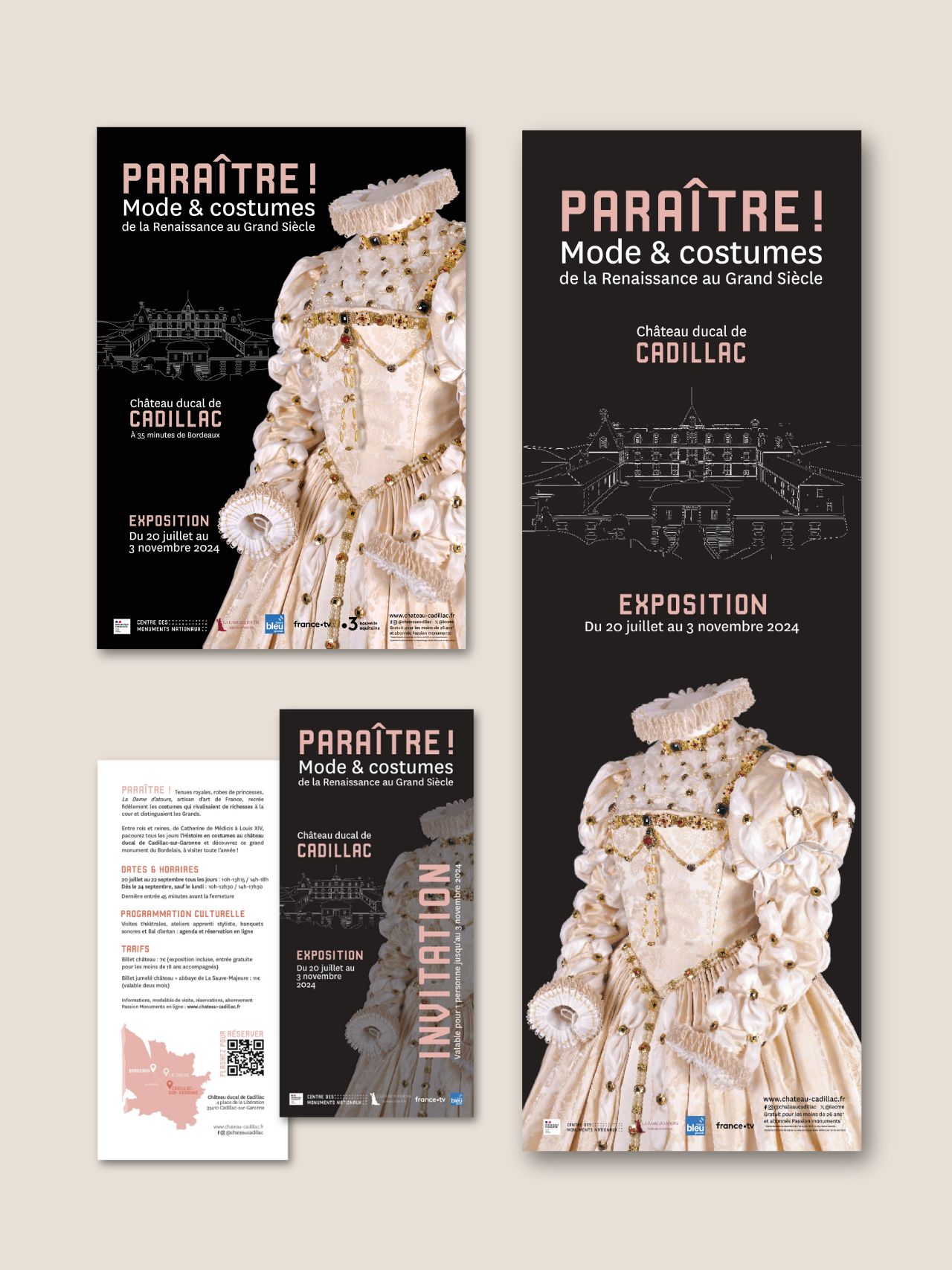 Affiche et déclinaisons pour l'exposition Paraître! au château ducal de Cadillac